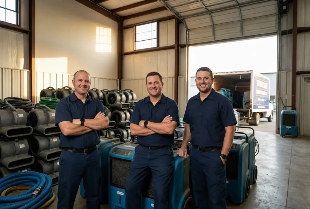 Three smiling restoration technicians in warehouse.
