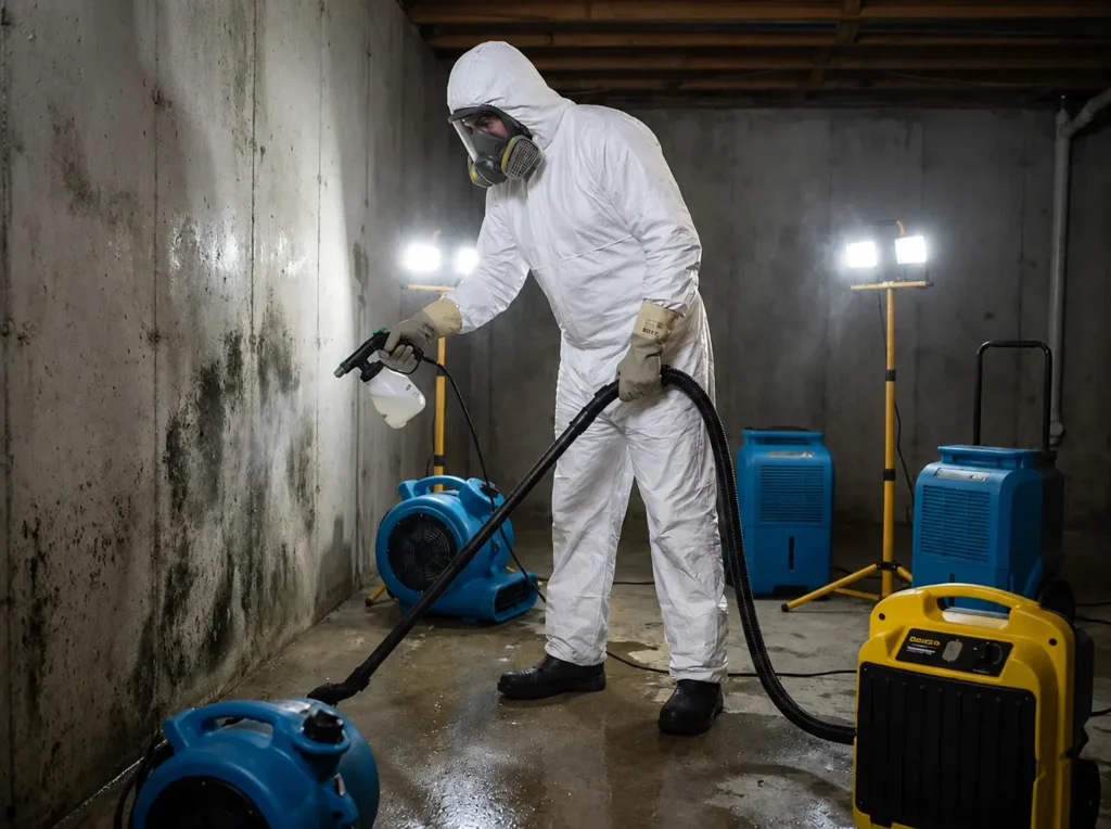A professional restoration technician in a full hazmat suit (PPE), respirator mask, and heavy-duty gloves treats a severe black mold infestation on a concrete basement wall. The technician uses specialized spraying equipment and a heavy-duty vacuum system to eliminate fungal spores. The setup features commercial-grade air movers and dehumidifiers running in the background to extract deep-seated moisture and prevent future mold growth, ensuring a safe and healthy indoor environment.