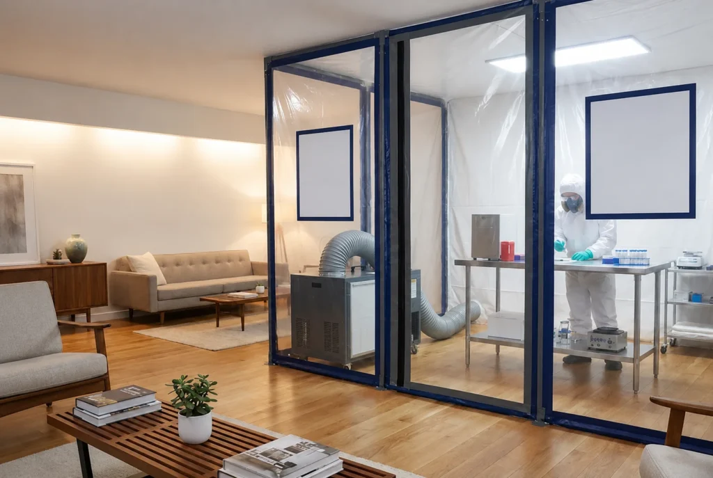 Plastic containment barrier with air machine in a living room.