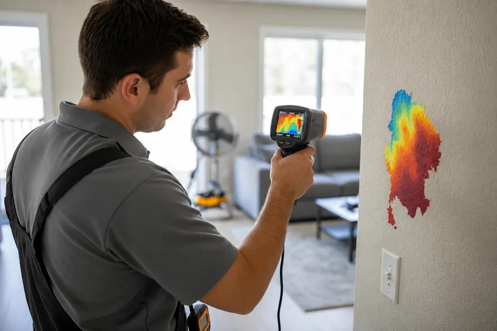 Technician pointing a thermal camera at a wall showing moisture mapping.