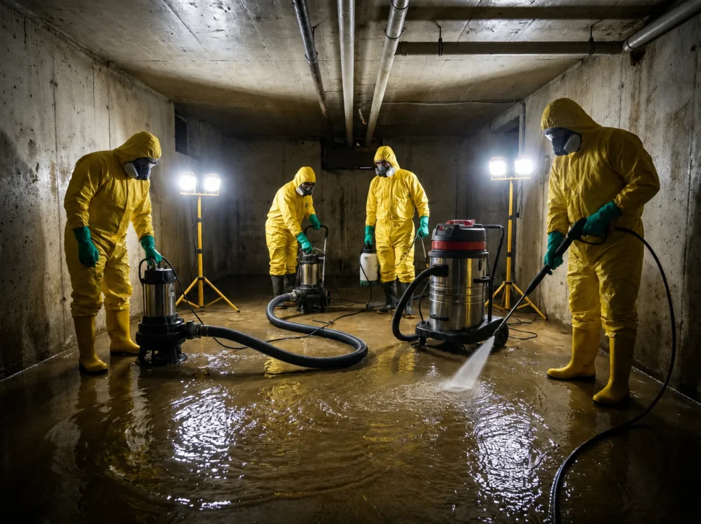 Technicians in yellow hazmat suits cleaning flooded basement.